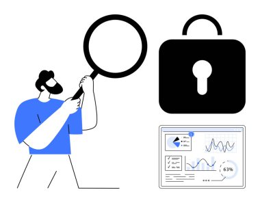 Yakınlarda güvenli kilit ikonu olan bar çizelgeleri, grafikleri ve diyagramları inceleyen büyüteç tutan bir adam. Veri güvenliği, gizlilik, analitik, araştırma, siber güvenlik, bilgi erişimi için ideal