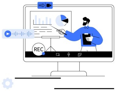 Video kaydı sırasında ekran paylaşımında profesyonel veri grafikleri sunma. İş için ideal, üretkenlik, uzak çalışma, e-öğrenme, teknoloji, iletişim, içerik oluşturma. Düz