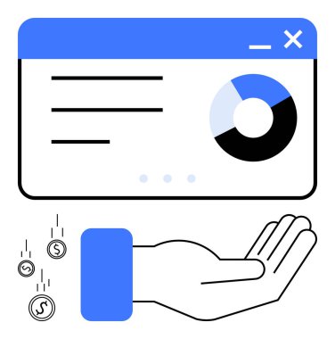 Analitik torpido gözünde yazı ve çizelgelerle bozuk para yakalayan açık bir el. Finans, bütçe, analitik, yatırım, kazanç, gelir takibi için ideal, düz bir metaforda ekonomi