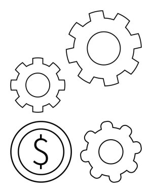 Bir dolar çemberinin yanında birbirine bağlı vitesler, takım çalışmasını, iş akışını, otomasyonu, kâr neslini, endüstriyi, işbirliği ve ilerlemeyi gösteriyor. Ekonomi finans operasyonları için ideal basit