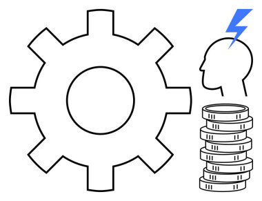 İnsan kafasının yanında yıldırım ve madeni para yığını yenilikleri, verimliliği ve finansal büyümeyi görselleştirir. İş, teknoloji, yaratıcılık, strateji, ekonomi, üretkenlik düzlemi için ideal