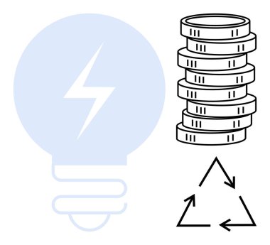 Yıldırım sembollü ampul, mali durumları simgeleyen bozuk para yığını ve geri dönüşüm üçgeni yenilenebilir enerjiyi, sürdürülebilirliği, verimliliği, yeniliği, yatırımı, temiz enerjiyi ve düz büyümeyi sembolize eder.