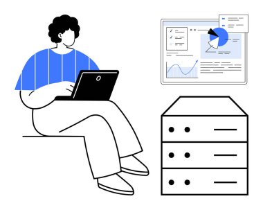 Sunucunun yanındaki dizüstü bilgisayarda çalışan ve grafikler ve grafiklerle birlikte analitik paneli gösteren kişi. Veri analizi, bilişim çözümleri, bulut hesaplama, iş yönetimi, teknoloji girişimleri, dijital