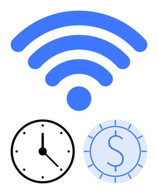 Saat üzerindeki mavi kablosuz ikon ve dolar para ikonu bağlantıyı, zaman verimliliğini ve maliyet yönetimini vurguluyor. Üretkenlik, teknoloji, iletişim, ağ, iş için ideal