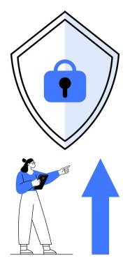 Kilit sembollü büyük bir kalkan elinde tablet tutan ve yukarı bakan mavi bir ok tutan bir kadın. Siber güvenlik, veri koruması, büyüme, strateji, teknoloji ekip çalışması eğitimi için ideal. Düz basit