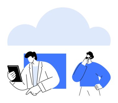 Bir bulut simgesi altında tartışan iki kişi işbirliğini, teknolojiyi ve uzaktan erişimi ön plana çıkarıyor. Takım çalışması, yenilik, teknoloji, bulut depolama, veri erişimi için ideal