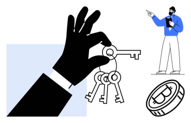 El sıkıştırıcı anahtarlar, Bitcoin madeni para, panoyu gösteren ve tutan kişi. Güvenlik için ideal, dijital para birimi, erişim, kripto mülkiyet, engelleme zinciri, finansal güvenlik düz metaforu
