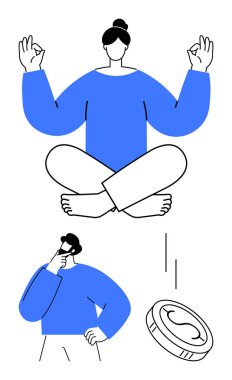 Nilüfer pozisyonunda meditasyon yapan, sakin duruşu olan ve iyi bir jest yapan, seçimi düşünen, karar verme gerginliğini sembolize eden bozuk para düşüşü yapan biri. Farkındalık, finans, odaklanma ve refah için ideal