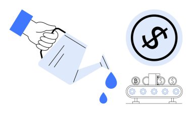 El ele tutuşmak büyümeyi beslemek için bir taşıyıcıyı dolar üretimiyle besleyen damlalar tarafından sembolize edilir. Yatırım, finans, otomasyon, strateji, büyüme, iş döngüsü, sürdürülebilirlik için ideal. Düz