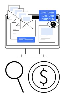 E-posta, ikili kod, büyüteç ve dolar işareti olan bilgisayar ekranı. Veri gizliliği, e-posta güvenliği, finans analizi, dijital izleme, iş siber güvenliği için ideal