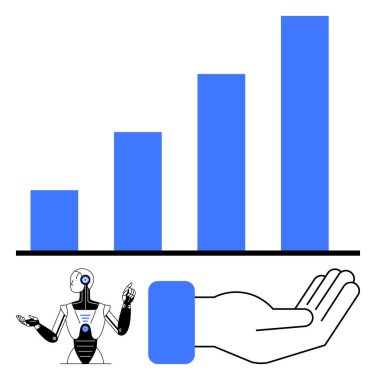 Yükselen bir bar tablosunun yanında robot hareketleri ve yenilik, büyüme, destek ve yapay zekayı temsil eden genişletilmiş bir el. Teknoloji, otomasyon, gelecek kavramları, iş büyümesi, veri analizi için ideal
