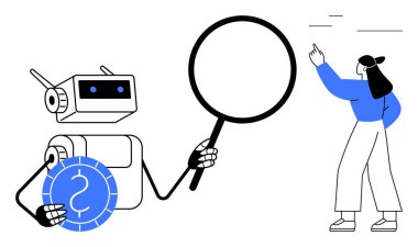 Robot bozuk parayı incelemek için büyüteç kullanıyor, kadın jestleri kasten. Yapay zeka, teknoloji, yenilik, araştırma, otomasyon, takım çalışması problem çözme için idealdir. Düz basit metafor