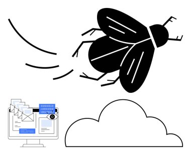 Bilgisayar ekranındaki e-postaların üzerinden uçan kötü amaçlı bir yazılım tehdidini temsil eden sinek, çevrimiçi bağlantıyı gösteren bir bulut. Siber güvenlik, veri koruması, hackleme, şifreleme, kötü amaçlı yazılım, mahremiyet ihlali için ideal