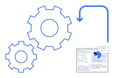 Veri gösterge tablosu ve grafiği olan birbirine bağlı dişliler. Otomasyon için ideal, verimlilik, teknoloji, analiz, iş akışı, yenilik, süreç iyileştirme, basit iniş sayfası