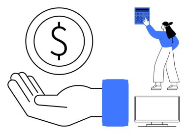 Finansal analiz yapan kadın elinde büyük bir hesap makinesi, elinde bir dolar para, bilgisayarı tutuyor. Finans, bütçe, analitik, teknoloji, tasarruf yatırımları için ideal. Düz basit metafor