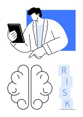 Adam tableti tutuyor, dikkatle işaret ediyor, beyin diyagramı karar vermeyi simgeliyor, risk yığını risk değerlendirmesini vurguluyor. İş stratejisi, analiz, problem çözme, karar verme için ideal