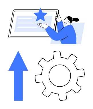 Tablet arayüzü ve yıldızla etkileşime giren kişi, dişli sembolik ayarlar, geliştirmek için yukarı doğru mavi ok. Başarı, yenilik, üretkenlik, optimizasyon, gelişme ve teknoloji için ideal