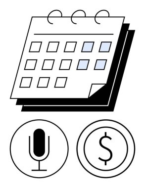 Vurgulanmış tarihli takvim, ses görevlerini temsil eden mikrofon ve finansal hedefler için dolar işareti. Zaman yönetimi, bütçe oluşturma, podcastlar, verimlilik, planlama, basit etkinlikler için ideal
