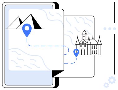 Piramitler ve kale, seyahat haritası konseptindeki lobutlara bağlı. Navigasyon, seyahat, turizm, keşif, şehir simgeleri, miras, dijital rehberler için idealdir. Düz basit metafor