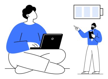 Uzaktan kumandalı çalışan meslektaşı ile birlikte batarya ikonuna doğru hareket eden tablet taşıyor. Takım çalışması, üretkenlik, uzaktan çalışma, enerji, dijital araçlar, verimlilik, hedef yönetimi için ideal