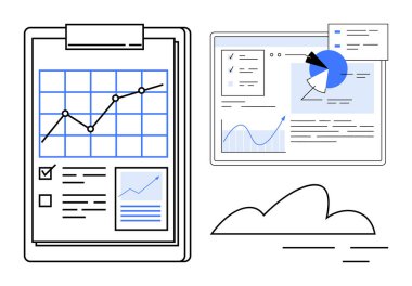 Panodaki grafikler, pasta grafiği, güvertedeki grafikler, bulut çizimleri. Veri analizi, iş büyümesi, rapor sunumu, strateji planlaması, teknoloji finansmanı ve basit iniş sayfası için ideal