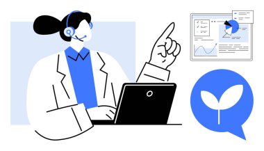 Kulaklığı bilgisayarda çalışan müşteri hizmetleri çalışanı ekranda veri analizi ve büyüme sembolü var. Teknoloji, müşteri hizmetleri, analitik, sürdürülebilirlik, iletişim için ideal