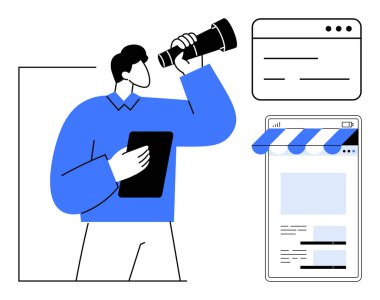 Teleskop ve tabletle online platformları keşfeden ve arayüzü depolayan girişimci. İş planlaması, strateji, e-ticaret, piyasa araştırması, yenilik, dijital pazarlama, vizyon için ideal. Düz