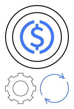 Daire içinde dolar işareti, dişli ve dairesel okların yanında. Finans, iş süreci, otomasyon, ekonomi, para birimi, çalışma döngüleri ve strateji için ideal. Düz basit metafor
