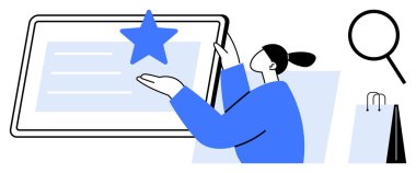 Tablet ekranında yıldıza doğru hareket eden bir kadın, tercihi ya da özelliği vurguluyor. Büyüteç arama ya da keşfi sembolize eder, çanta alışverişi önerir. E-ticaret için ideal, çevrimiçi değerlendirmeler, arama