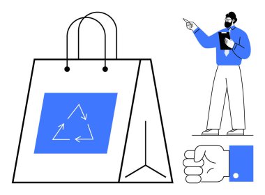 Okları olan geri dönüşüm torbası, resmi giyimli profesyonel, nişanlı el hareketi. Sürdürülebilirlik, eko-ticaret, geri dönüşüm, yeşil yaşam tarzı, çevre eğitimi, sorumluluk