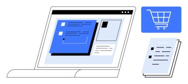 Bir çevrimiçi mağaza düzeni, alışveriş arabası simgesi ve belge yığınını gösteren dizüstü bilgisayar ekranı. E-ticaret, alışveriş süreci, çevrimiçi hizmetler, teknoloji, iş, pazarlama ve dijital araçlar için ideal