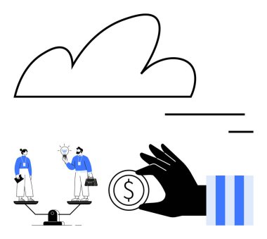 Bulut hesaplama elementi iş dengesi terazisinin üstünde iki profesyonel fikirleri tartışıyor. Madeni paralar, finansal kararlar, analitik, yenilik, takım çalışması kavramlarının pekiştirilmesi. İdeal