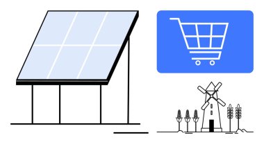 Büyük güneş paneli, mavi meydanda alışveriş arabası, ekinleri ve ağaçları olan yel değirmeni çiftliği. Çevre için ideal, yenilenebilir enerji, e-ticaret, sürdürülebilirlik, tarım temiz enerji yeşil yaşam için. Düz