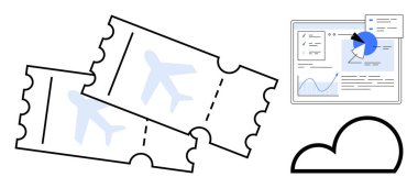 İki uçak bileti, grafikli analitik panel ve dijital bağlantı için bulut simgesi. Seyahat planlama, veri analizi, iş eğilimleri, turizm, havacılık, bulut çözümleri için ideal