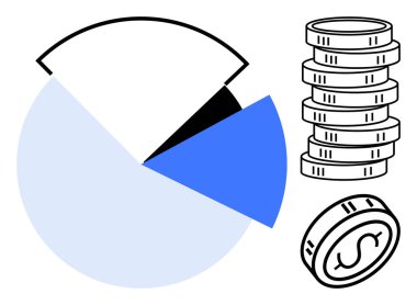İçinde mavi ve siyah bölümlerin de bulunduğu üç parçalı turta grafiği, para desteleri ve tek bir madeni paranın yanında. Finans, yatırım, ekonomi, kâr analizi, bütçe, tasarruf ve gelir dairesi için ideal
