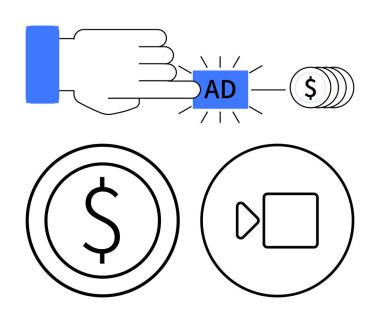 Bozuk paralar, dolar sembolü ve video oynatma düğmesi olan el ile reklam tuşuna bas. Çevrimiçi reklamcılık, tıklama başına ödeme, para kazanma stratejileri, e-ticaret, pazarlama, dijital ekonomi için idealdir.