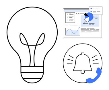 Yaratıcılığı sembolize eden ampul, çizelgeler ve analizlerle gösterge paneli, uyarıları gösteren telefon ikonu olan çan. Yenilik, üretkenlik, takım çalışması, izleme, uyarı ve ilerleme için ideal