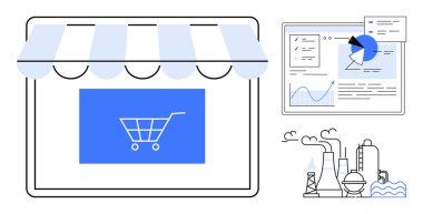 Alışveriş arabası ikonu, haritalı analitik gösterge paneli ve endüstriyel elementli fabrika ayarları olan dijital mağaza önü. Perakende, iş anlayışı, teknoloji, veri analizi ve ticaret için ideal