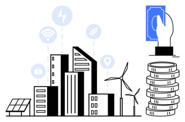 Güneş paneli, rüzgar türbinleri, çevre dostu ikonlar ve sürdürülebilir yatırımları temsil eden madeni paralarla kentsel ufuk çizgisi. Yeşil enerji için ideal, akıllı şehir, teknoloji, finans, yenilik geliştirme