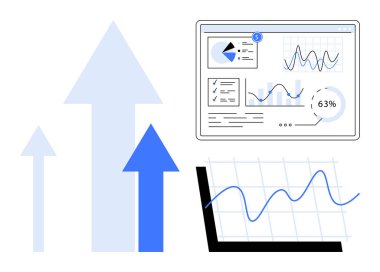 Haritaları, çizgi grafikleri ve büyümeyi sağlayan yukarı doğru okları olan mali gösterge paneli. Analiz, veri yönetimi, ilerleme, istatistik, iş büyümesi, üretkenlik ve performans için ideal