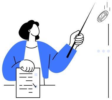 Elinde bir belge tutan ve çizelge alanına sopayla bakan kişi iş sezgilerini gösteriyor. Strateji, analiz, planlama, eğitim, eğitim ve takım liderliği için ideal. Düz basit