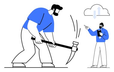 Tabletli bir yönetici tarafından yönetilen bir kazma ile işçi madenciliği, elle çalıştırma, yönetim ve veri bulut teknolojisi bağlantısını gösteriyor. Takım çalışması, üretkenlik, liderlik, iş akışı için ideal