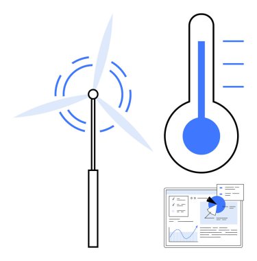 Rüzgar türbini güç üretiyor, termometre göstergesi sıcaklığı gösteriyor, ve grafikleri ve grafikleri olan gösterge paneli. Yenilenebilir enerji, iklim değişikliği, sürdürülebilirlik, verimlilik, temiz enerji için ideal