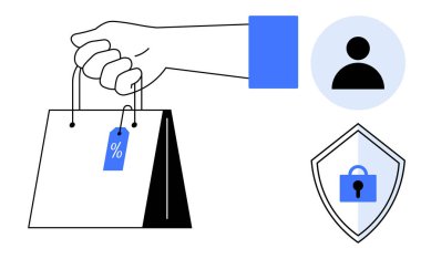 Elinde indirim etiketli bir alışveriş çantası, kullanıcı simgesi ve kilitli bir güvenlik kalkanı var. Çevrimiçi alışveriş, e-ticaret güvenliği, tüketici koruması, perakende indirimi, kullanıcı kimliği için ideal