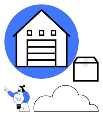 Teslimat kutusu olan bir depo, bulut şeklinde ve elinde ampul tutan biri. Lojistik, depolama, yenilik, bulut hesaplama zinciri dağıtım teknolojileri için idealdir. Düz basit