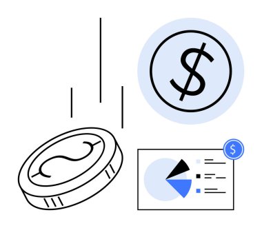 Tasarruf, finans, bütçe, gelir, ekonomik büyüme, zenginlik planlaması ve iş stratejisini simgeleyen dolar işareti ve analitik grafiği düz bir metaforda düşüşü