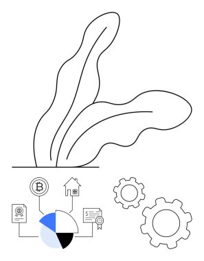 İki soyut yaprak, bir pasta tablosu, engelleme sembolü, ev jetonu, sertifika ve vites simgeleri minimum akış diyagramına bağlı. Teknoloji, finans ve veri konutları için ideal