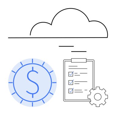 Bulut özeti, dolar madeni para, kontrol listesi ve teçhizat finans stratejisi, görev yönetimi ve sistem verimliliğini iletin. Üretkenlik, optimizasyon, finans bulutları hesaplama dijital planı için ideal