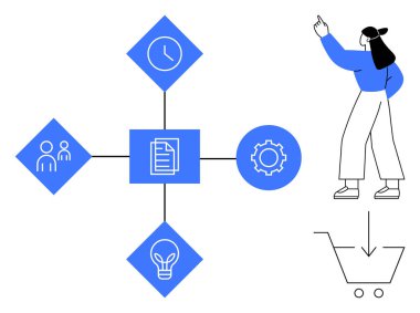 Saatle, teçhizatla, belgelerle, fikirlerle ve merkezde birleşen takım sembolleriyle çalış. Şemayı ve alışveriş arabasını gösteren bir kadın. Takım çalışması, planlama, strateji işlemleri için ideal