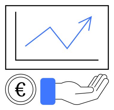 Yükselen eğilim, Euro simgesi ve mali büyüme, yatırım, kâr, bağış toplama, ekonomi, destek ve ilerleme sağlayan açık bir avuç içi grafiği. Mali yardım büyüme kavramları için ideal
